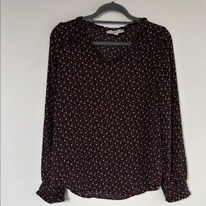 Loft Black/Red Ditsy Floral Blouse with ruffle trim M EUC